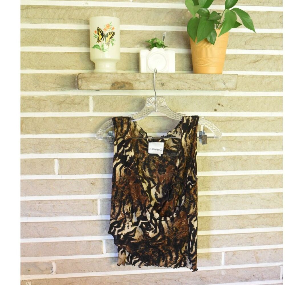 Vintage Y2K Animal print tiger Fashion Bug Sheer Stretchy Tank Large Brown